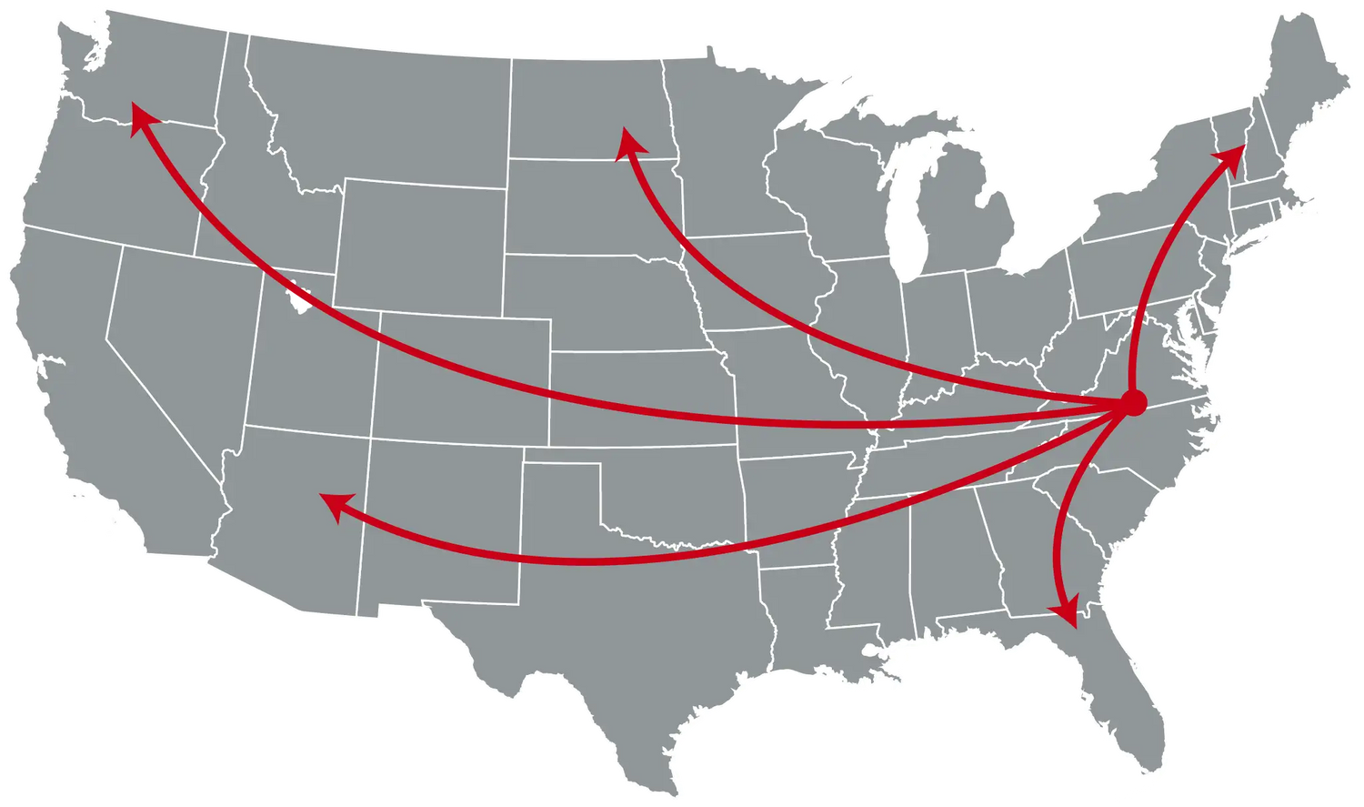 Map of the United States with red lines indicating routes or paths.