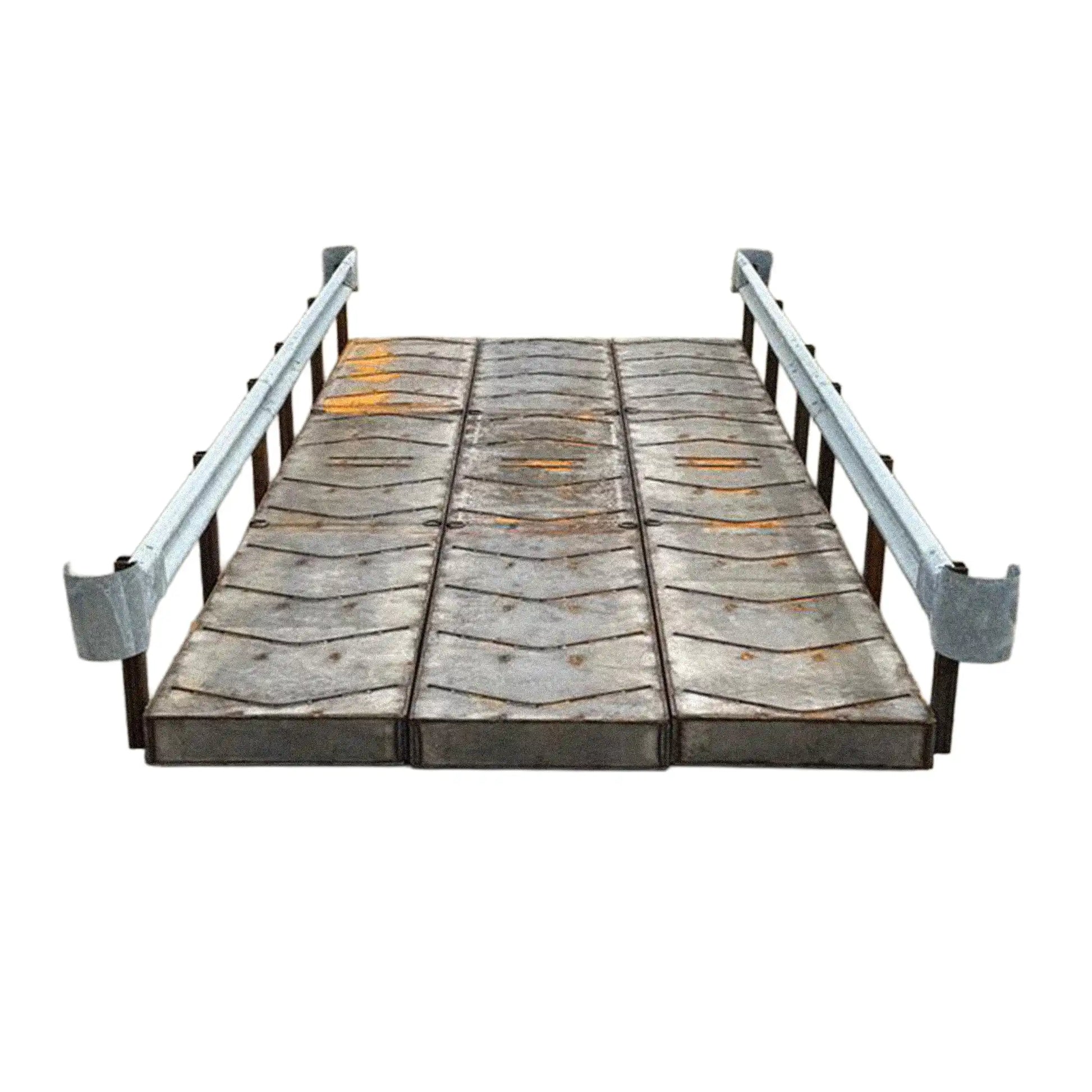 portable steel bridge with tire treads and railings on a white background