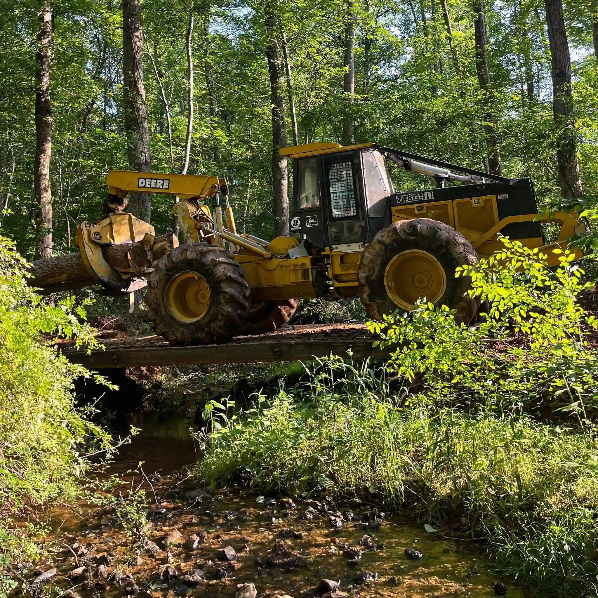 logging equipment on a portable steel bridge over a stream in a wooded area