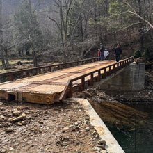 A rail car bridge over a stream in a wooded area