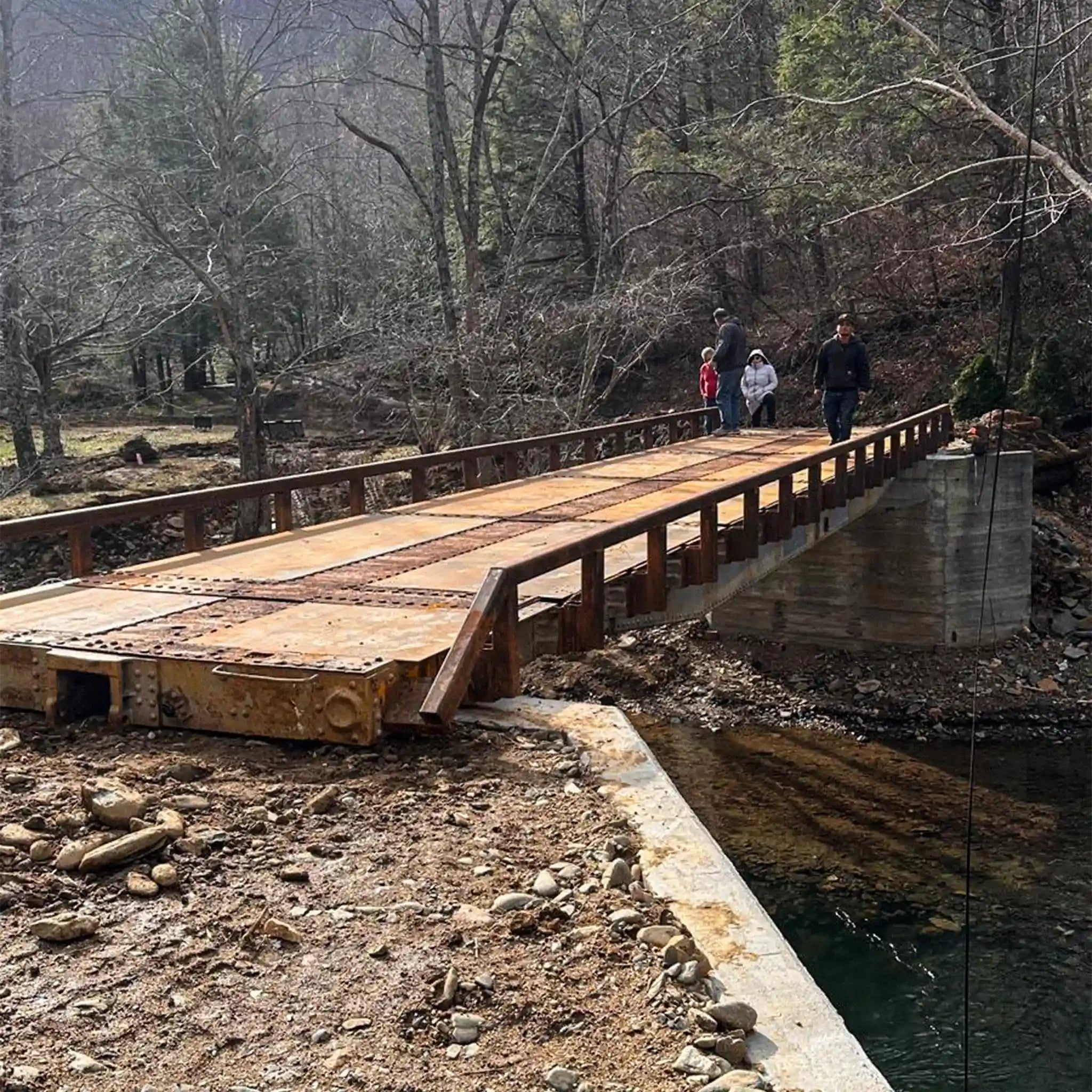A rail car bridge over a stream in a wooded area