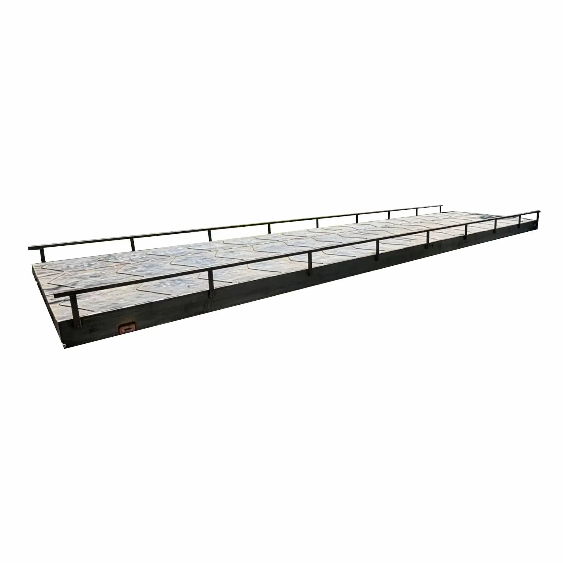 Isolated product image of a long modular steel residential bridge with steel decking and low side railings on a plain background.