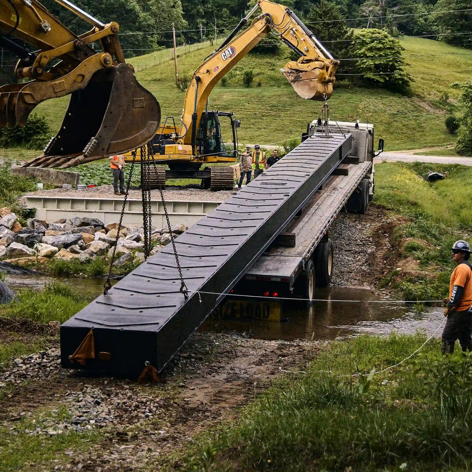 Excavators setting a modular steel bridge at a rural creek crossing
